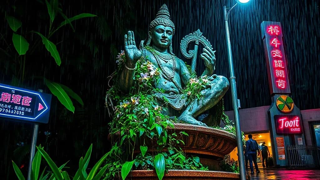 a ruined statue of a god overgrown with orchids, jungle mist, night street photography, neon, rain, grain, no text, no watermark, illustrative preview for the Flux Pulid generator on Knowlify