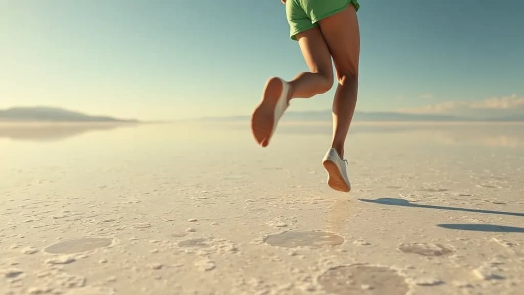 a barefoot runner on a salt flat, heat shimmer, wide, fashion film still, anamorphic, teal and gold, no text, no watermark, illustrative preview for the Flux Subject generator on Knowlify