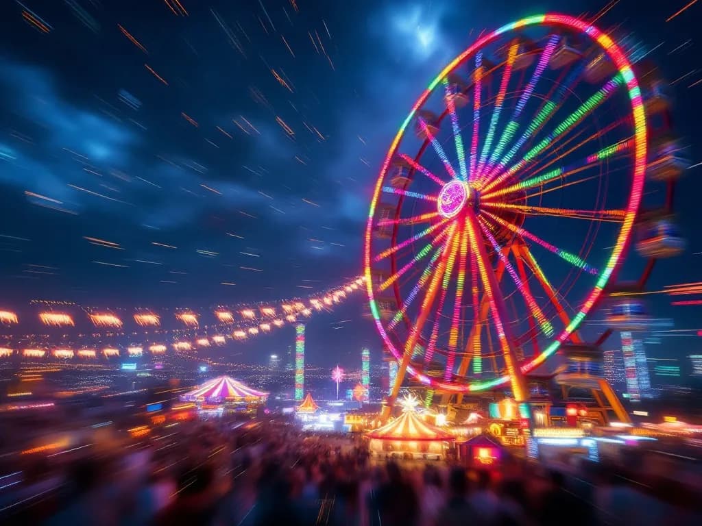 a carnival at night from a ferris wheel, motion blur lights, painterly concept art, volumetric light, no text, no watermark, no UI, generated with Flux on Knowlify