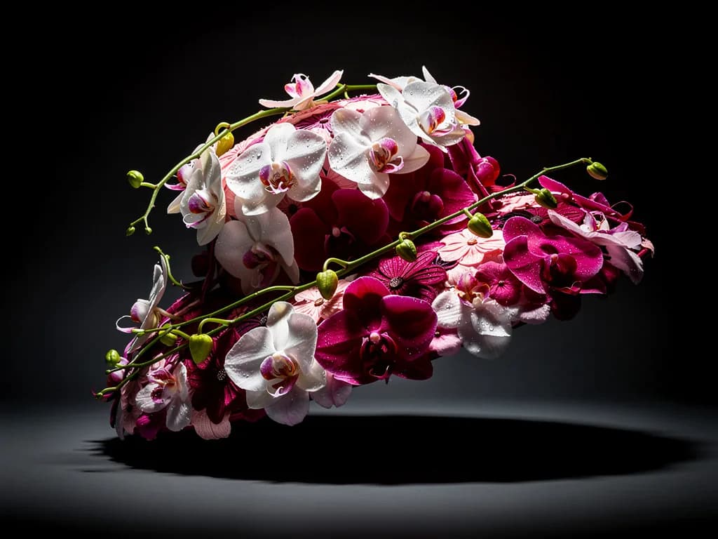a couture hat made of living orchids, studio portrait, dark studio product, one hard key, glossy, no text, no watermark, generated with Flux2 on Knowlify