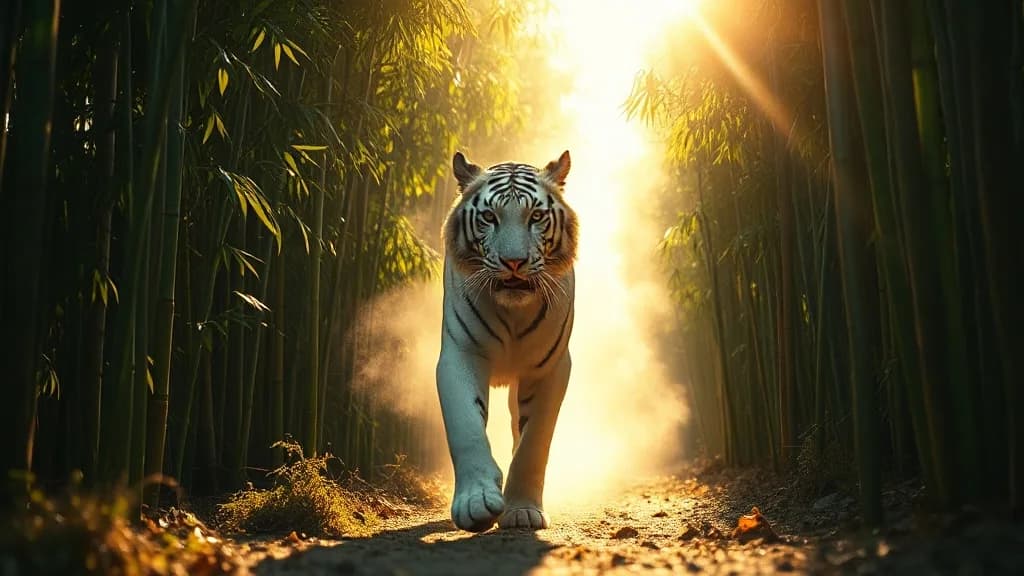 a white tiger walking through sunlit bamboo, dust in the air, low camera, fashion film still, anamorphic, teal and gold, no text, no watermark, illustrative preview for the Fooocus Extreme Speed generator on Knowlify