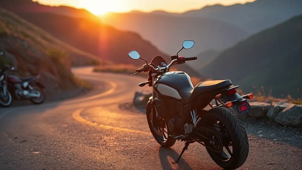 a motorcycle parked on a mountain switchback, dusk, long shadows, photoreal photograph, 85mm, natural light, no text, no watermark, no logo, no UI, illustrative preview for the Fooocus generator on Knowlify