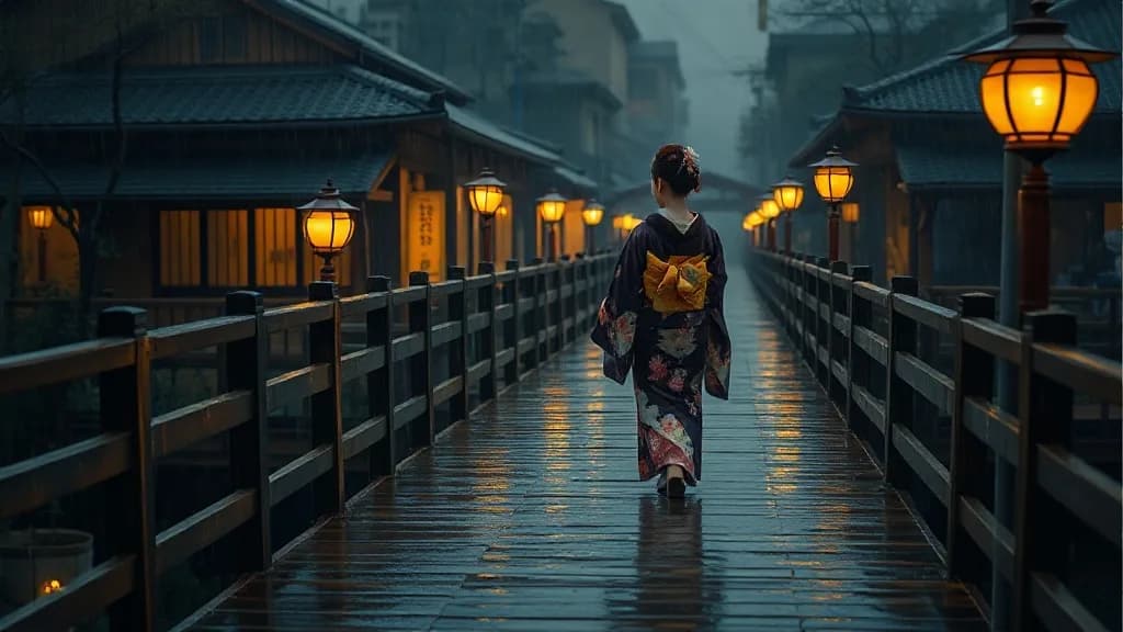 a geisha crossing a rain-slick wooden bridge, lanterns, dark studio product, one hard key, glossy, no text, no watermark, illustrative preview for the Gemini 25 Flash generator on Knowlify