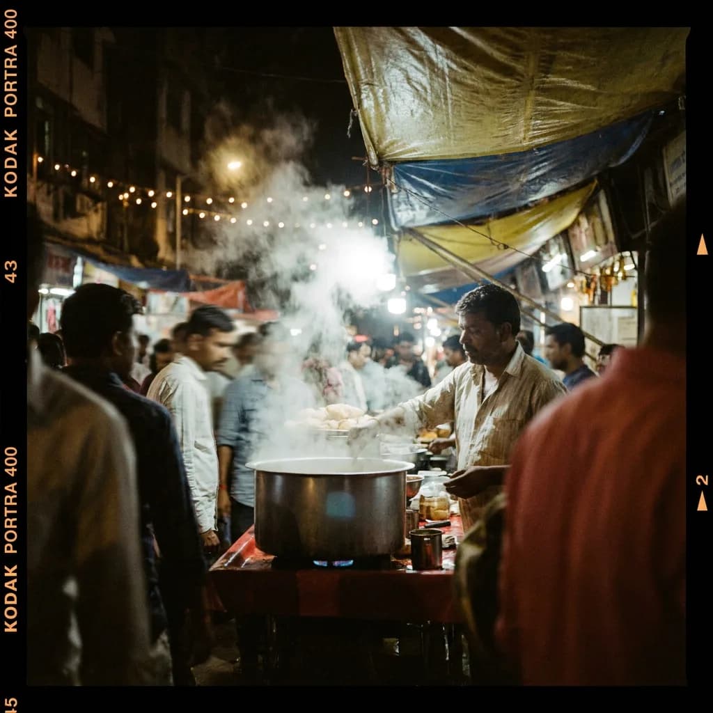 a street food stall at night in Mumbai, steam, crowds blurred, hard-flash editorial, Kodak portra, sharp, no text, no watermark, no logo, generated with Gemini 3 on Knowlify