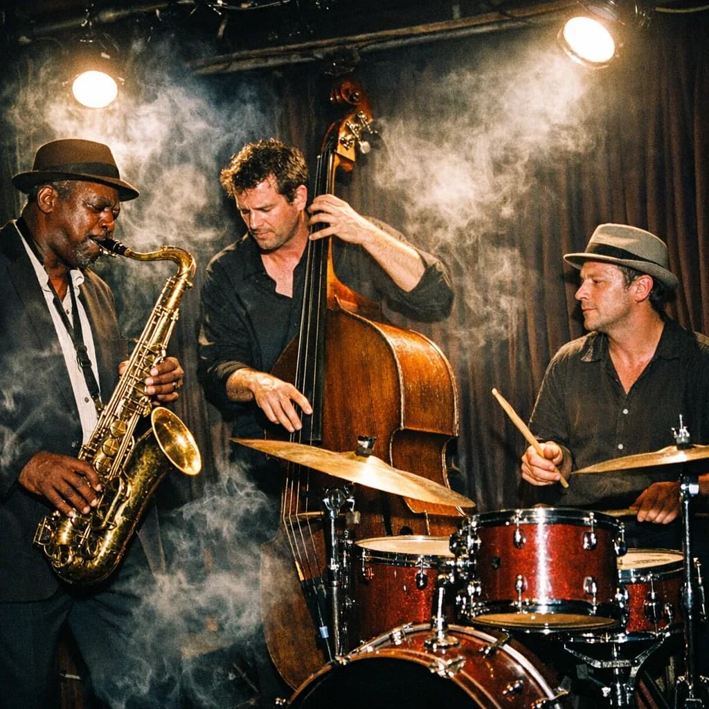 a jazz trio on a tiny stage, smoke, warm spotlights, hard-flash editorial, Kodak portra, sharp, no text, no watermark, no logo, generated with GPT-Image 1.5 on Knowlify