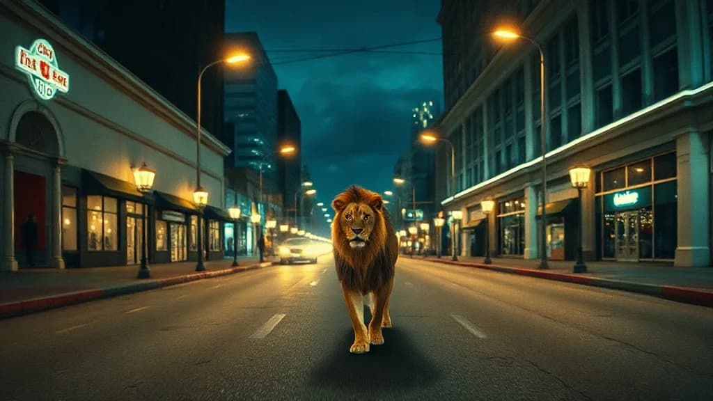 a lion walking down an empty midnight boulevard, fashion film still, anamorphic, teal and gold, no text, no watermark, illustrative preview for the gpt-image-1 generator on Knowlify