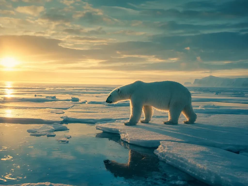a polar bear on pack ice, low sun, vast sky, fashion film still, anamorphic, teal and gold, no text, no watermark, generated with Gpt Image 2 on Knowlify