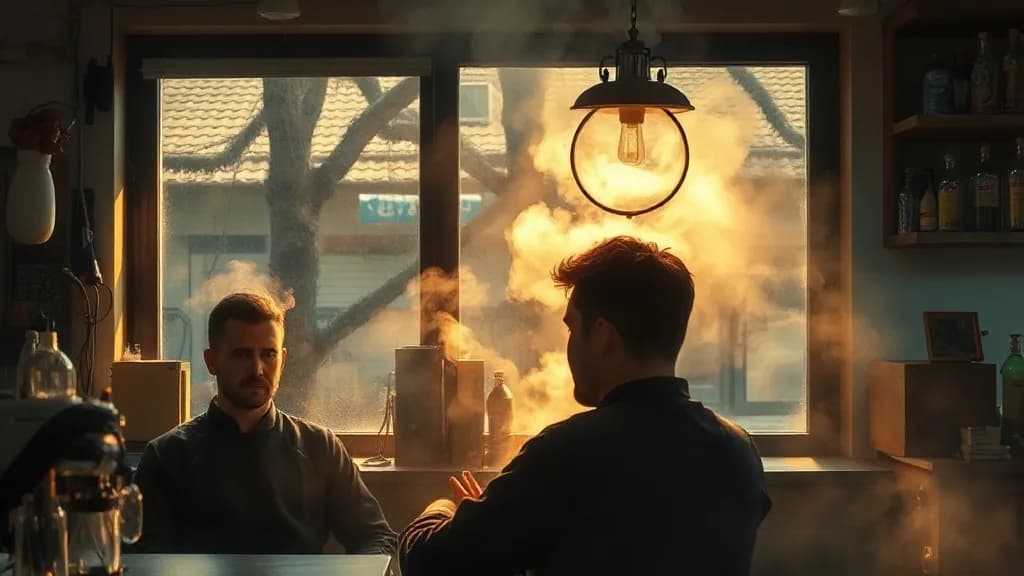 a barber cutting hair in a steam-filled shop, hard window light, painterly concept art, volumetric light, no text, no watermark, no UI, illustrative preview for the Grok Imagine Image generator on Knowlify