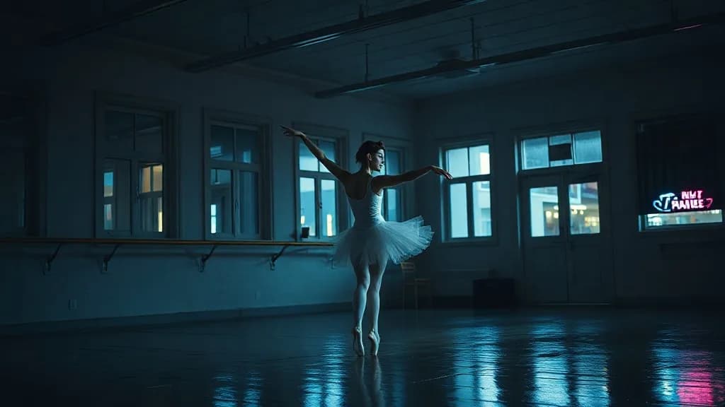 a ballerina mid-turn in an empty rehearsal room, late sun through windows, night street photography, neon, rain, grain, no text, no watermark, illustrative preview for the Hi3d generator on Knowlify