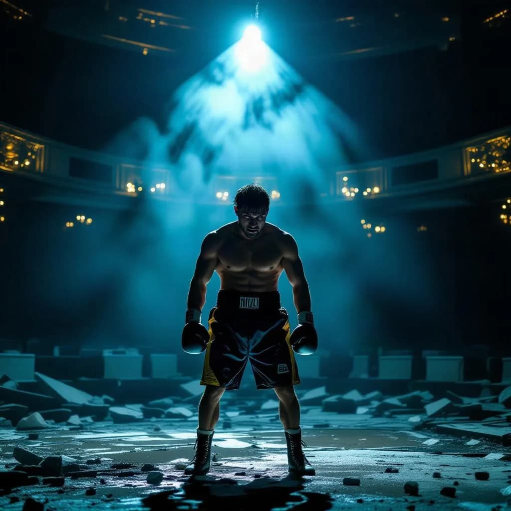 a boxer in a ruined theater, one spotlight, sweat, fashion film still, anamorphic, teal and gold, no text, no watermark, generated with Hidream I1 Dev on Knowlify