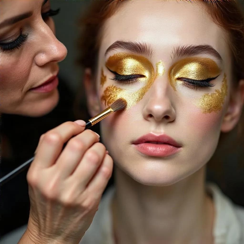 a makeup artist painting gold leaf on a model, close-up, photoreal photograph, 85mm, natural light, no text, no watermark, no logo, no UI, generated with Hidream I1 Full on Knowlify