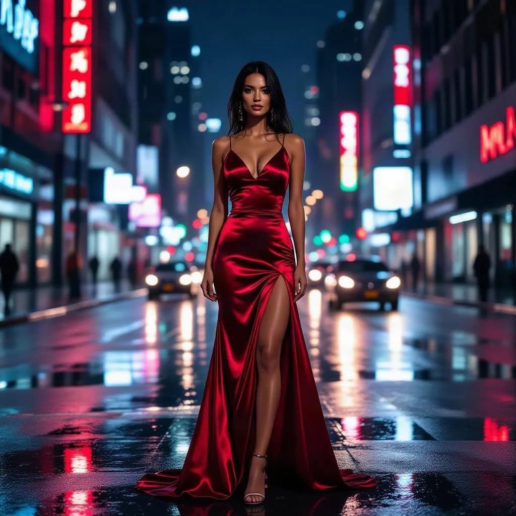 a woman in a crimson silk dress standing in city rain at night, neon on wet pavement, photoreal photograph, 85mm, natural light, no text, no watermark, no logo, no UI, generated with Hidream I1 on Knowlify