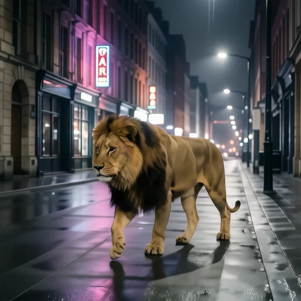 a lion walking down an empty midnight boulevard, night street photography, neon, rain, grain, no text, no watermark, generated with Hidream O1 Image Dev on Knowlify