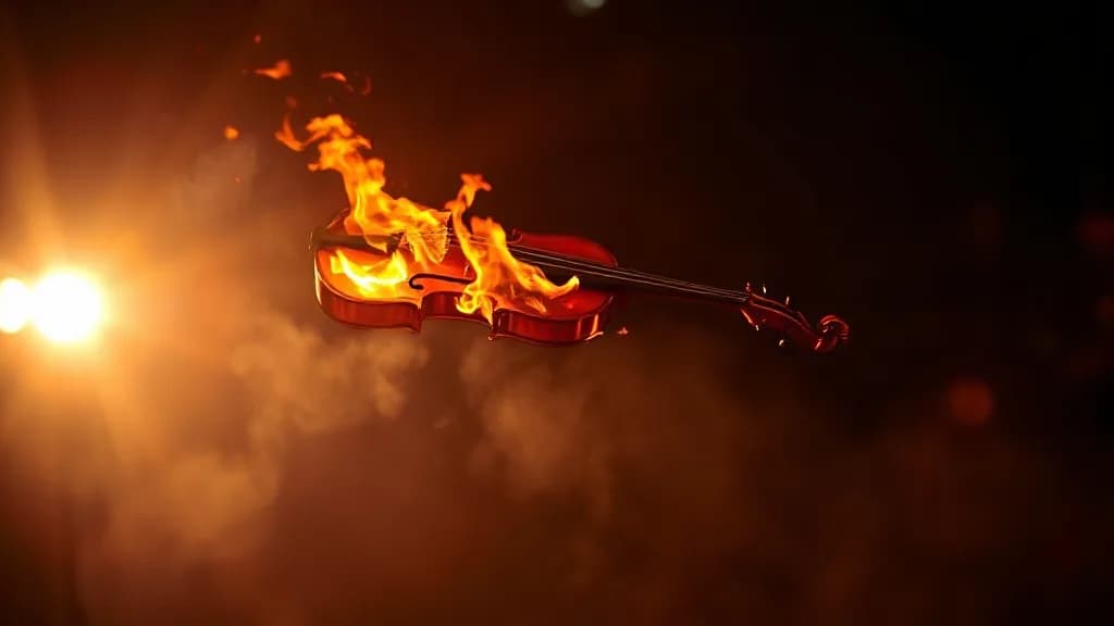 a violin on fire on a dark stage, the player unharmed, painterly concept art, volumetric light, no text, no watermark, no UI, illustrative preview for the Hidream O1 Image Edit generator on Knowlify