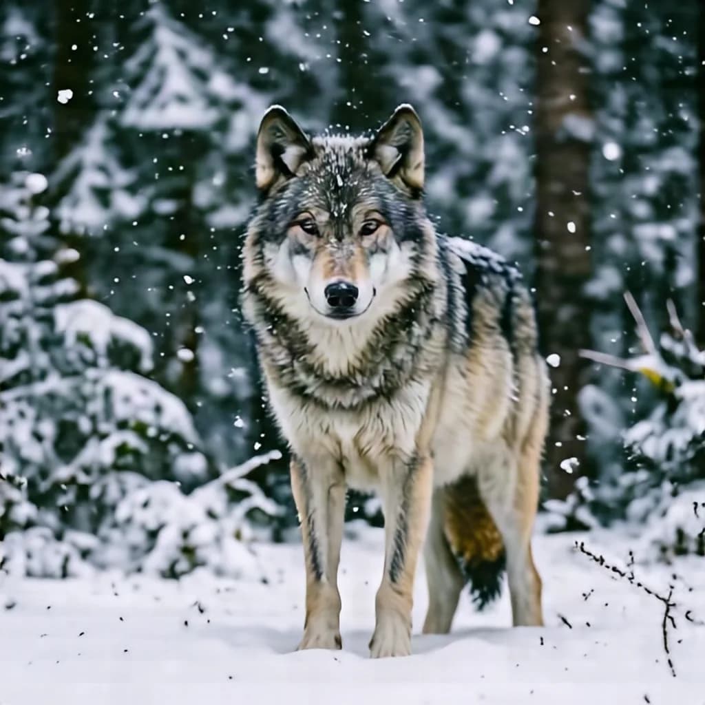 a wolf standing in falling snow, eye-level, forest behind, macro, extreme detail, f/1.4, no text, no watermark, no logo, generated with Hidream O1 Image on Knowlify