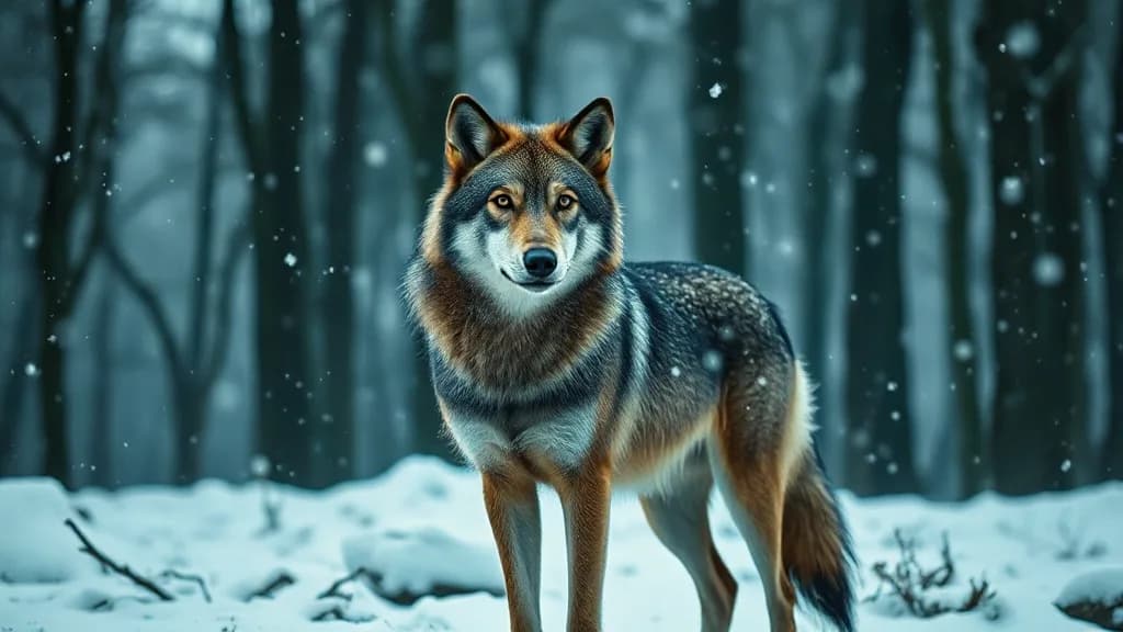 a wolf standing in falling snow, eye-level, forest behind, fashion film still, anamorphic, teal and gold, no text, no watermark, illustrative preview for the Hunyuan 3d generator on Knowlify
