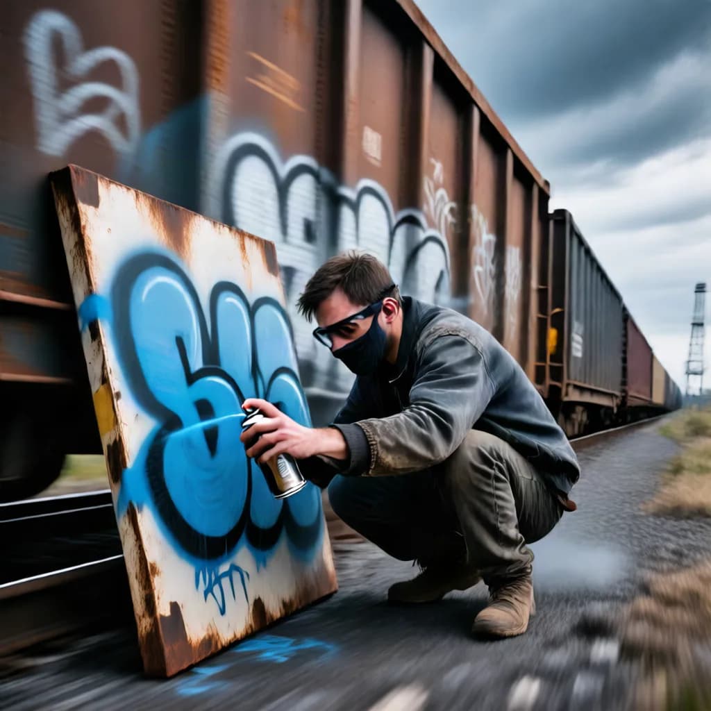 a graffiti writer mid-piece on a moving freight car, National Geographic still, low angle, weather, no text, no watermark, generated with Hunyuan Image 2.1 on Knowlify