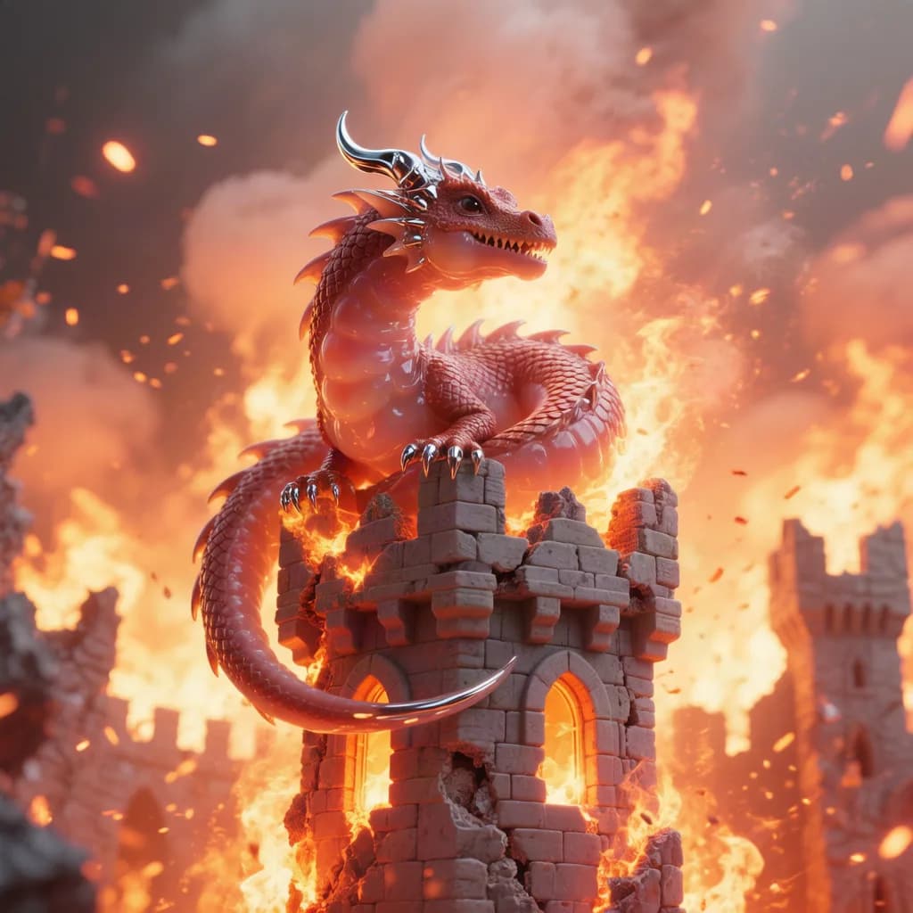 a dragon coiled on a burning castle keep, embers in the wind, octane 3D render, subsurface, chrome accents, no text, no watermark, generated with Hunyuan Image 3 on Knowlify