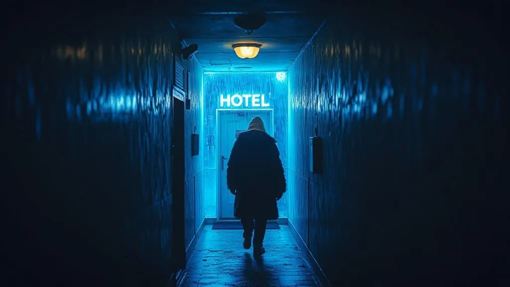 an ice hotel corridor, blue light, one figure in a fur coat, night street photography, neon, rain, grain, no text, no watermark, illustrative preview for the Hunyuan3d 3 generator on Knowlify