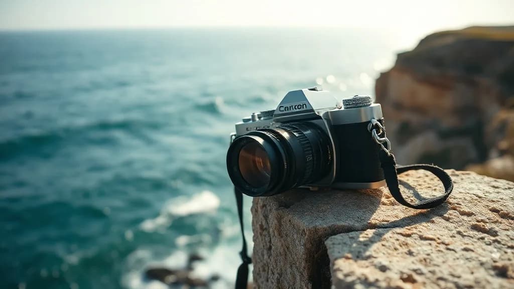 a vintage camera on a cliff, the ocean far below, product still, photoreal photograph, 85mm, natural light, no text, no watermark, no logo, no UI, illustrative preview for the Hunyuan3d generator on Knowlify