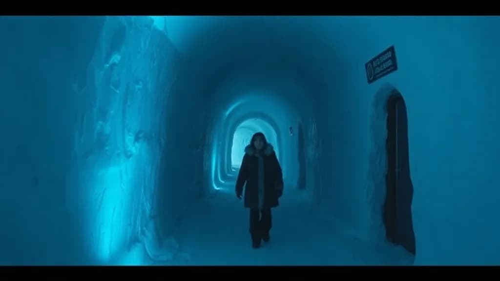 an ice hotel corridor, blue light, one figure in a fur coat, National Geographic still, low angle, weather, no text, no watermark, illustrative preview for the Hy Wu Edit generator on Knowlify