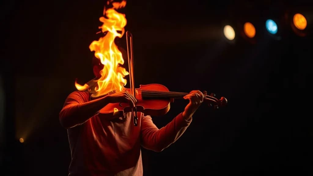 a violin on fire on a dark stage, the player unharmed, photoreal photograph, 85mm, natural light, no text, no watermark, no logo, no UI, illustrative preview for the Hyper3d Rodin generator on Knowlify