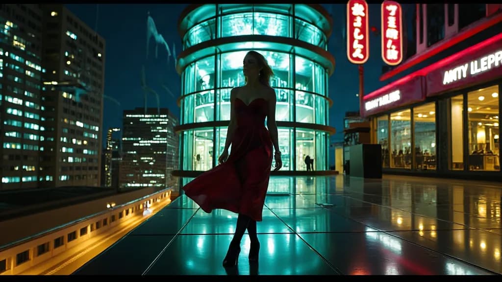 a helicopter landing on a glass skyscraper at night, fashion film still, anamorphic, teal and gold, no text, no watermark, generated with Iclight 2 on Knowlify