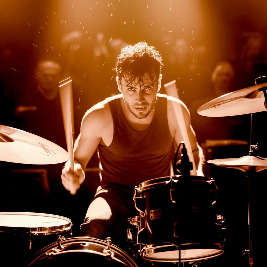 a drummer mid-hit, sticks blurred, sweat, club light, hard-flash editorial, Kodak portra, sharp, no text, no watermark, no logo, generated with Ideogram 2a on Knowlify