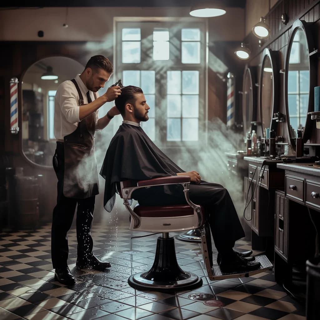 a barber cutting hair in a steam-filled shop, hard window light, hard-flash editorial, Kodak portra, sharp, no text, no watermark, no logo, generated with Ideogram 3 on Knowlify