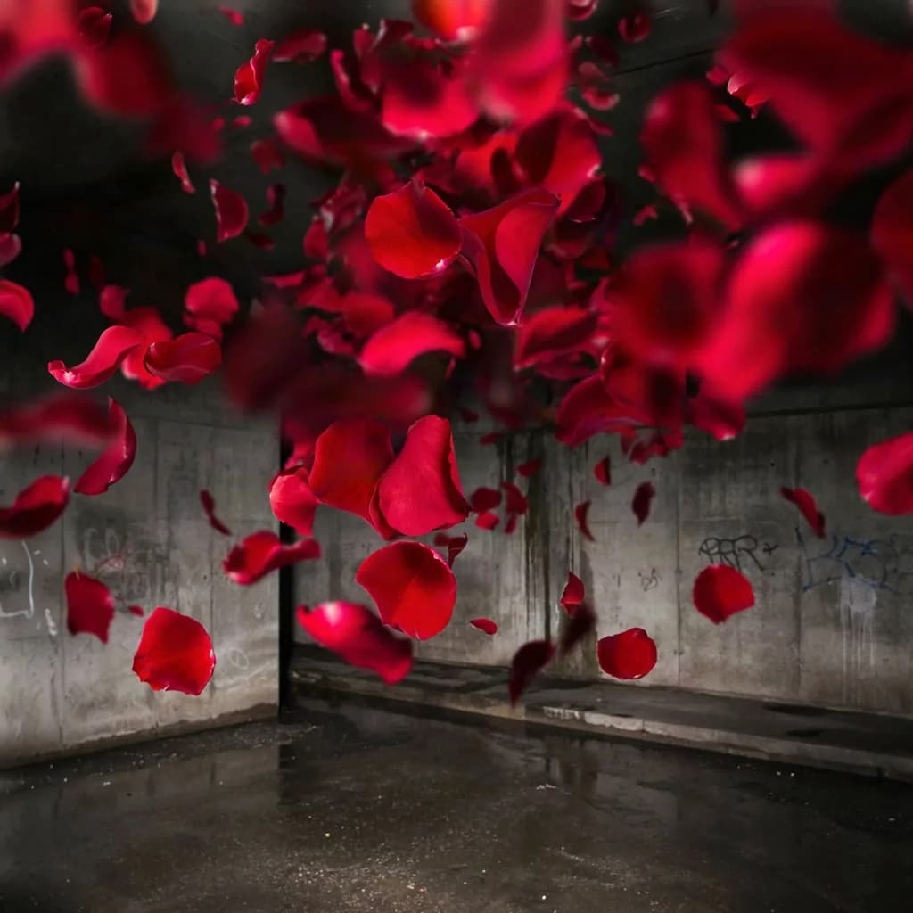 a rain of rose petals in a concrete underpass, flash, macro, extreme detail, f/1.4, no text, no watermark, no logo, generated with Ideogram/ 4 on Knowlify