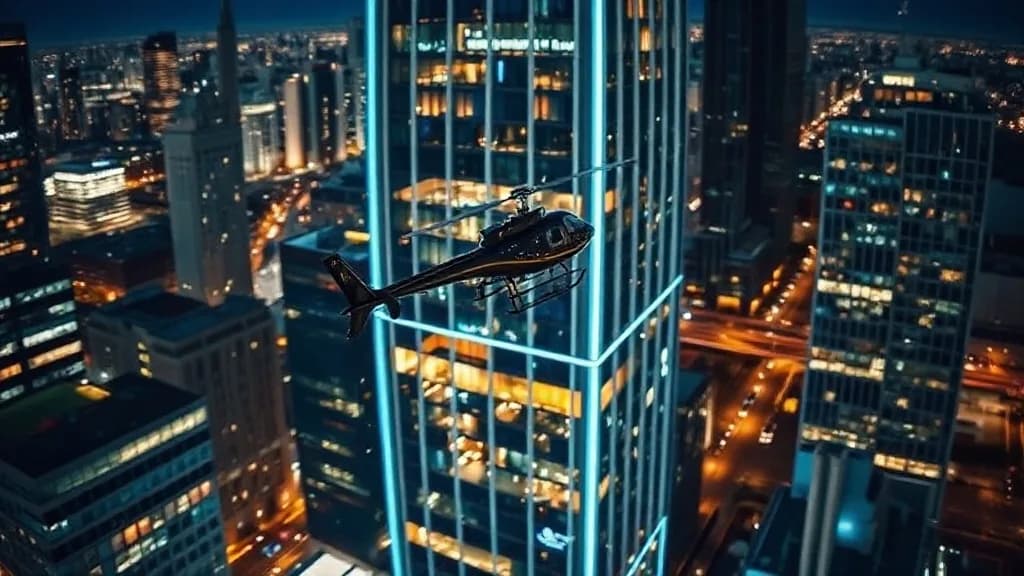 a helicopter landing on a glass skyscraper at night, macro, extreme detail, f/1.4, no text, no watermark, no logo, illustrative preview for the Ideogram Character generator on Knowlify