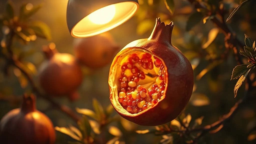 a surgical lamp over an open pomegranate, editorial still, IMAX aerial still, golden hour, huge scale, no text, no watermark, illustrative preview for the Ideogram Train generator on Knowlify