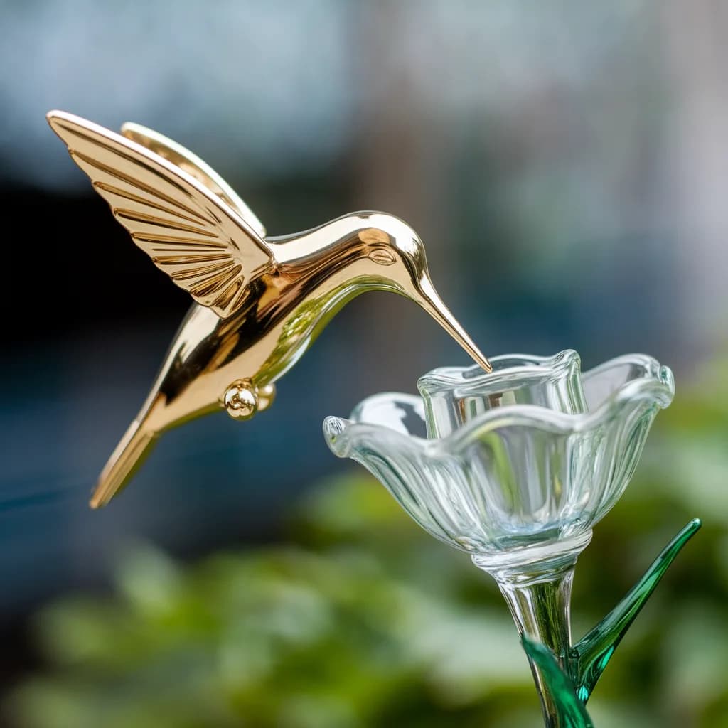 a gold mechanical hummingbird drinking from a glass flower, hard-flash editorial, Kodak portra, sharp, no text, no watermark, no logo, generated with Ideogram on Knowlify