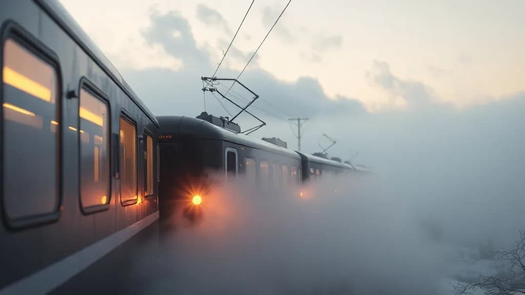 a train emerging from fog in the Alps, warm windows, octane 3D render, subsurface, chrome accents, no text, no watermark, illustrative preview for the Illusion Diffusion generator on Knowlify