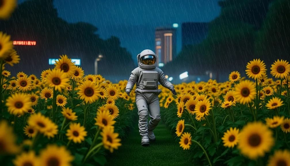 an astronaut standing in a field of sunflowers, visor down, night street photography, neon, rain, grain, no text, no watermark, generated with Image Apps 2 on Knowlify
