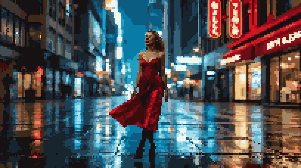 a gold lion statue wearing headphones, product-absurd still, night street photography, neon, rain, grain, no text, no watermark, generated with Image2pixel on Knowlify
