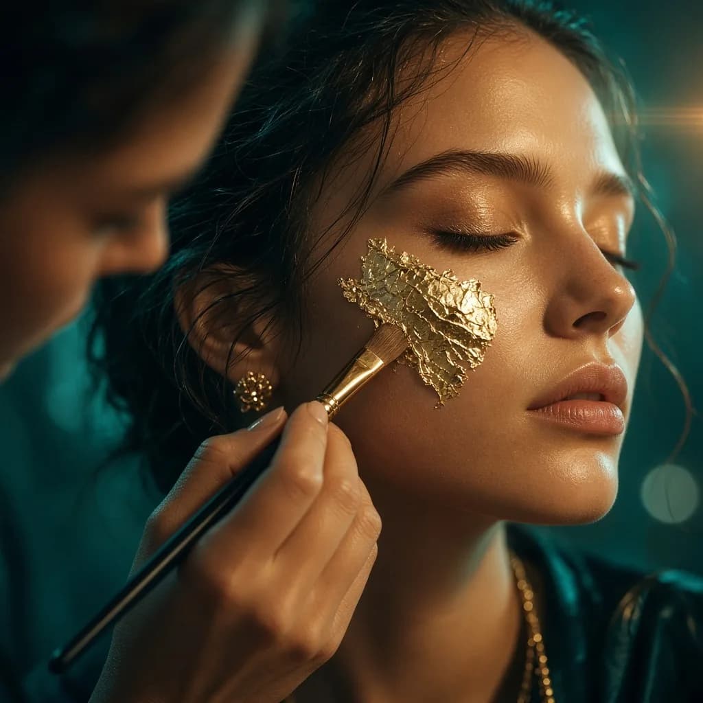 a makeup artist painting gold leaf on a model, close-up, fashion film still, anamorphic, teal and gold, no text, no watermark, generated with Imagine20 on Knowlify