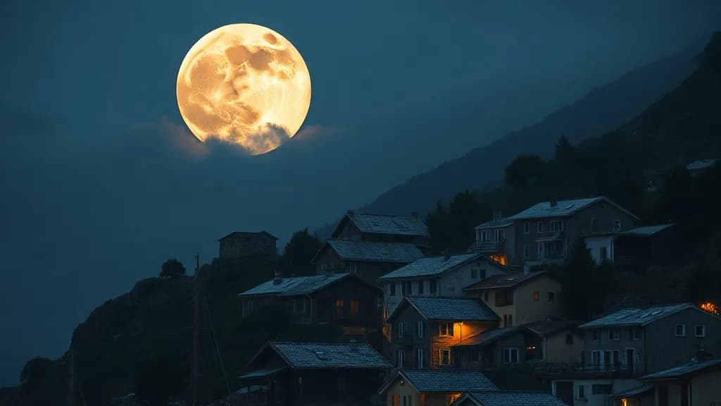 a giant moon rising behind a tiny fishing village, National Geographic still, low angle, weather, no text, no watermark, illustrative preview for the Imagineart 2.0 Edit Preview Image To Image generator on Knowlify