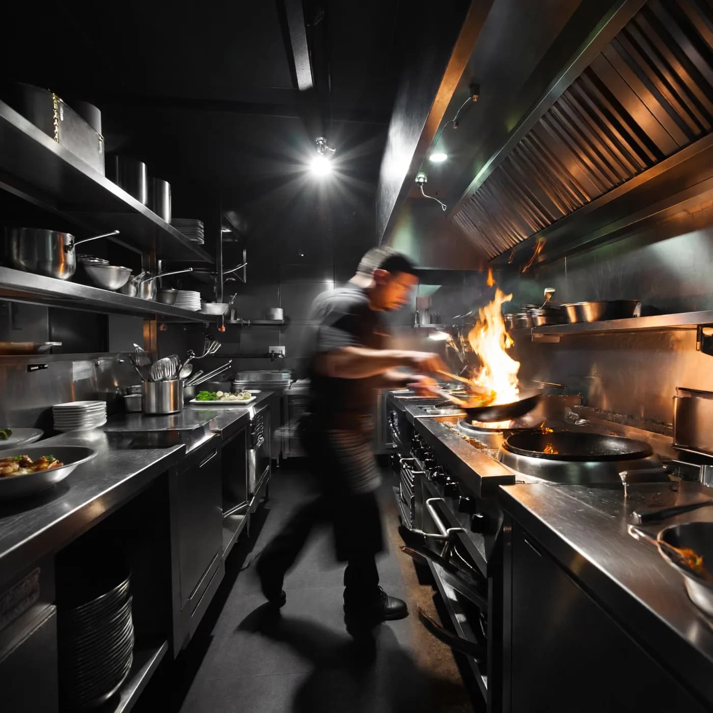 a steel kitchen at service, flames, a chef in motion, dark studio product, one hard key, glossy, no text, no watermark, generated with Imagineart 2.0 Preview Text To Image on Knowlify