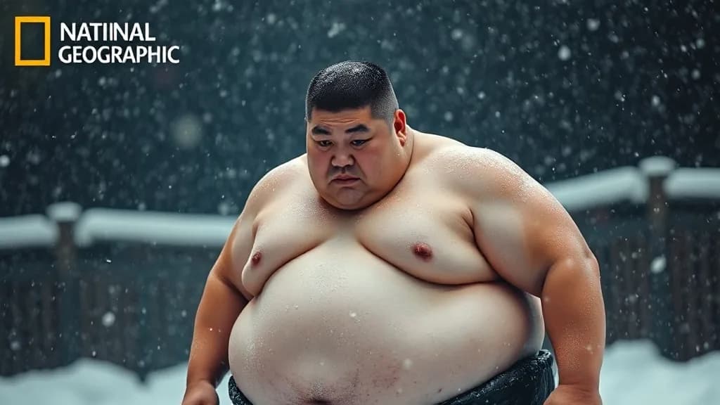 a sumo wrestler standing in falling snow, steam off the skin, National Geographic still, low angle, weather, no text, no watermark, illustrative preview for the Inpaint generator on Knowlify