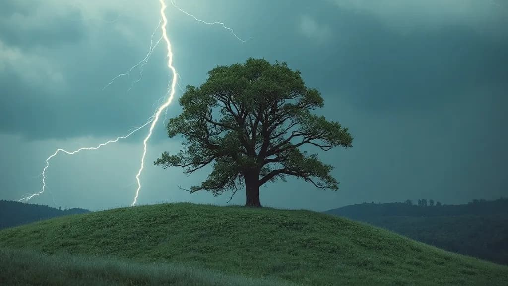 a lightning strike behind a lone oak on a hill, octane 3D render, subsurface, chrome accents, no text, no watermark, illustrative preview for the Ip Adapter Face Id generator on Knowlify