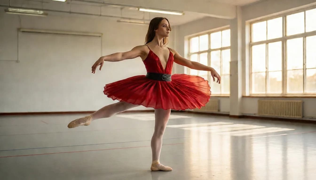 a ballerina mid-turn in an empty rehearsal room, late sun through windows, macro, extreme detail, f/1.4, no text, no watermark, no logo, generated with Joyai Image Edit on Knowlify