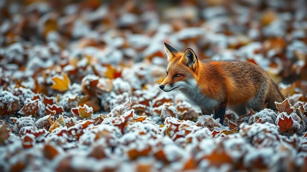 a fox in frost-covered autumn leaves, shallow focus, photoreal photograph, 85mm, natural light, no text, no watermark, no logo, no UI, illustrative preview for the Juggernaut Flux Lora Inpainting generator on Knowlify