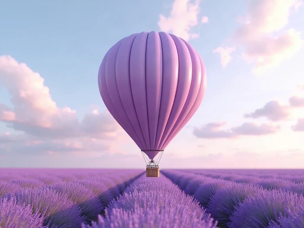 a hot air balloon just lifting from a lavender field, octane 3D render, subsurface, chrome accents, no text, no watermark, generated with Juggernaut Flux Lora on Knowlify