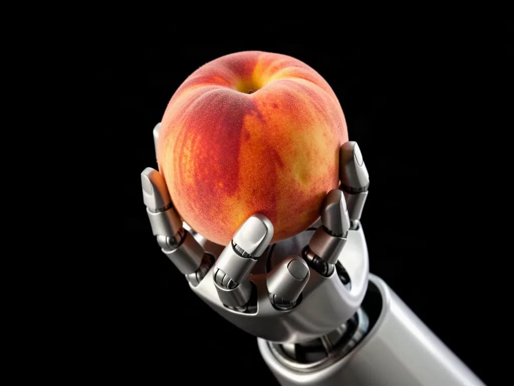 a robot hand holding a ripe peach, studio, black background, photoreal photograph, 85mm, natural light, no text, no watermark, no logo, no UI, generated with Klein on Knowlify