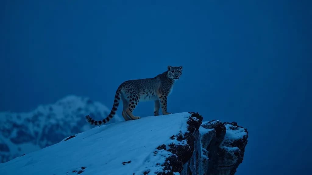 a snow leopard on a ridge at blue hour, breath visible, dark studio product, one hard key, glossy, no text, no watermark, illustrative preview for the Kling Image O1 generator on Knowlify
