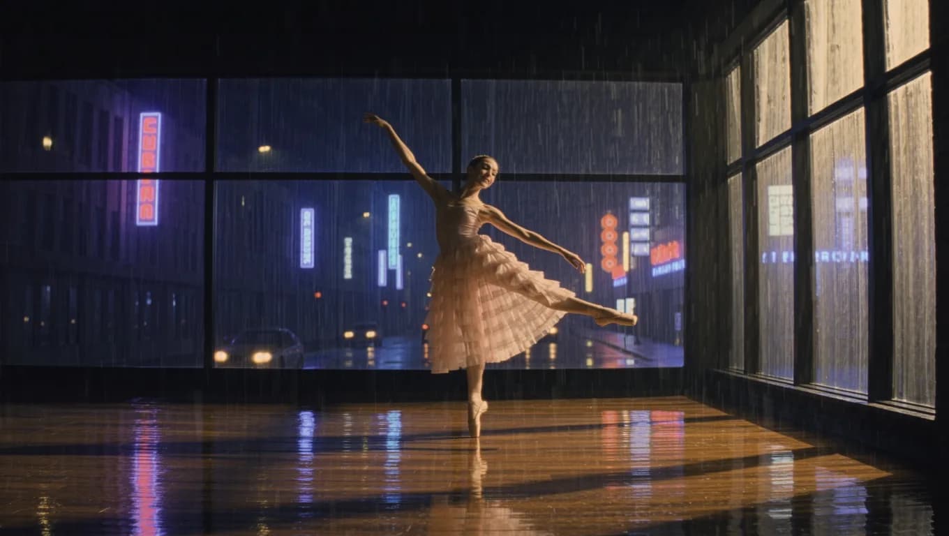 a ballerina mid-turn in an empty rehearsal room, late sun through windows, night street photography, neon, rain, grain, no text, no watermark, generated with Kling O3 Image on Knowlify