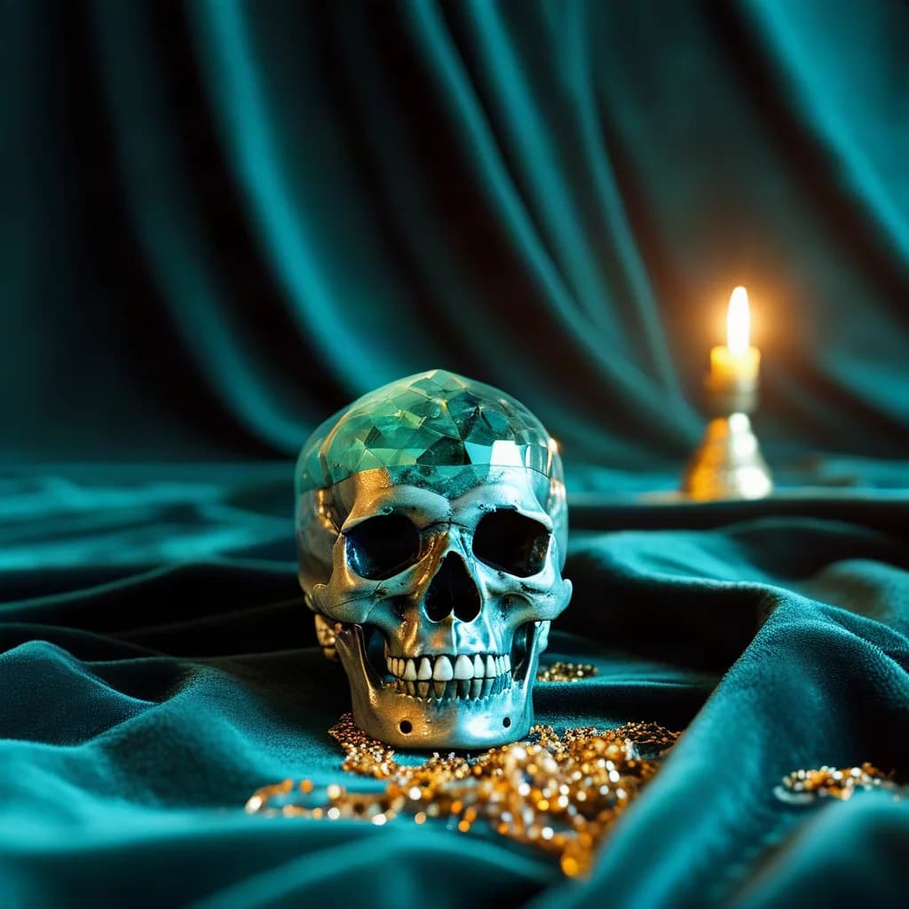 a crystal skull on black velvet, one hard key light, fashion film still, anamorphic, teal and gold, no text, no watermark, generated with Kolors on Knowlify