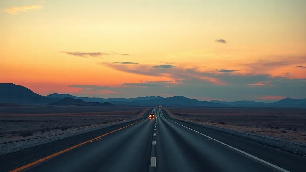 a desert highway at twilight, one pair of headlights, huge sky, octane 3D render, subsurface, chrome accents, no text, no watermark, illustrative preview for the Krea 2 generator on Knowlify
