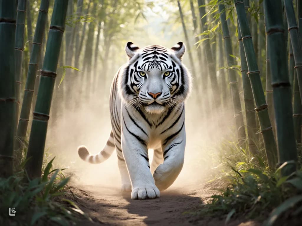 a white tiger walking through sunlit bamboo, dust in the air, low camera, painterly concept art, volumetric light, no text, no watermark, no UI, generated with Krea Models on Knowlify